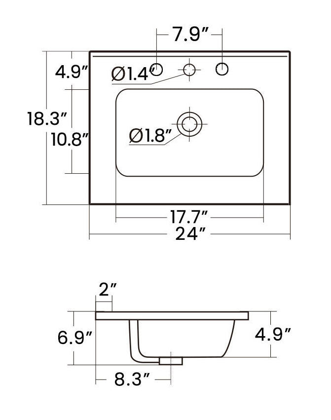 BB0930Y331, Integrated white ceramic basin with three predrilled faucet holes, faucet and drain assembly NOT included