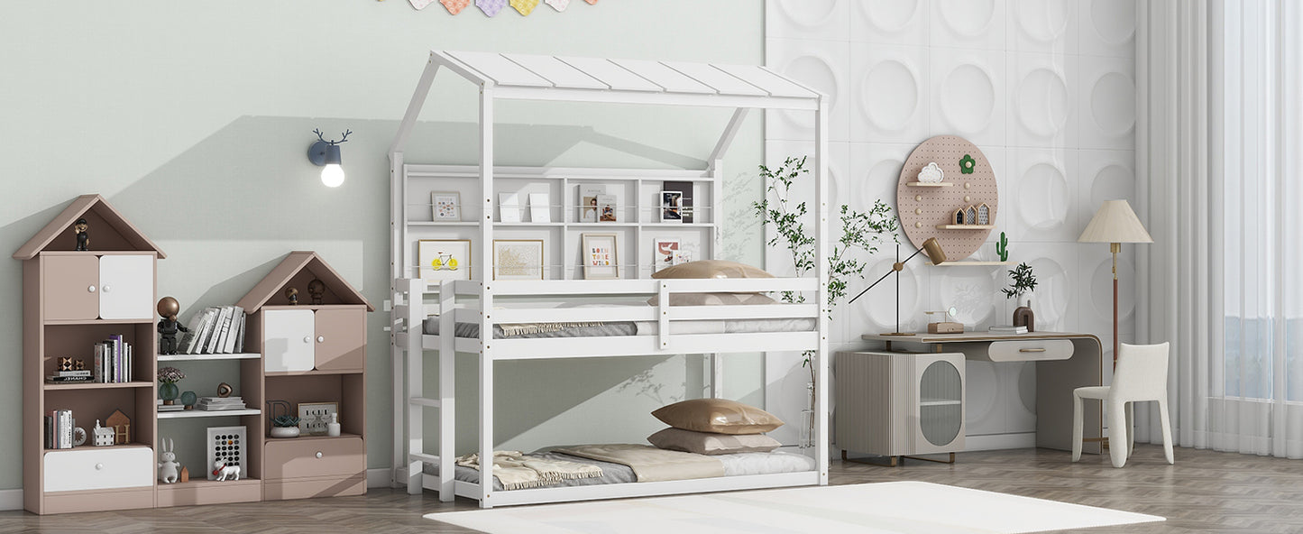 Twin House Loft Bed with Guardrails, Semi-enclosed Roof, Bedside Shelves and Ladder, White