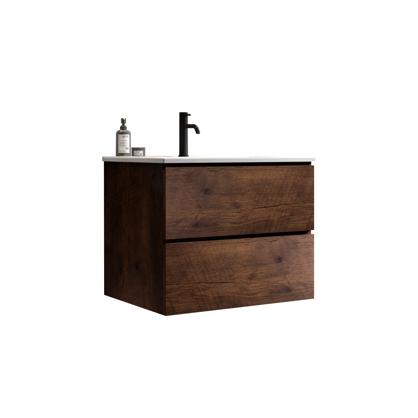 Wall Mount 24" Walnut Bathroom Vanity with Ceramic Sink with one faucet hole, Large Storage Floating Bathroom Vanity for Modern Bathroom, One-Piece Sink Basin without Drain and Faucet, Pre-assembled