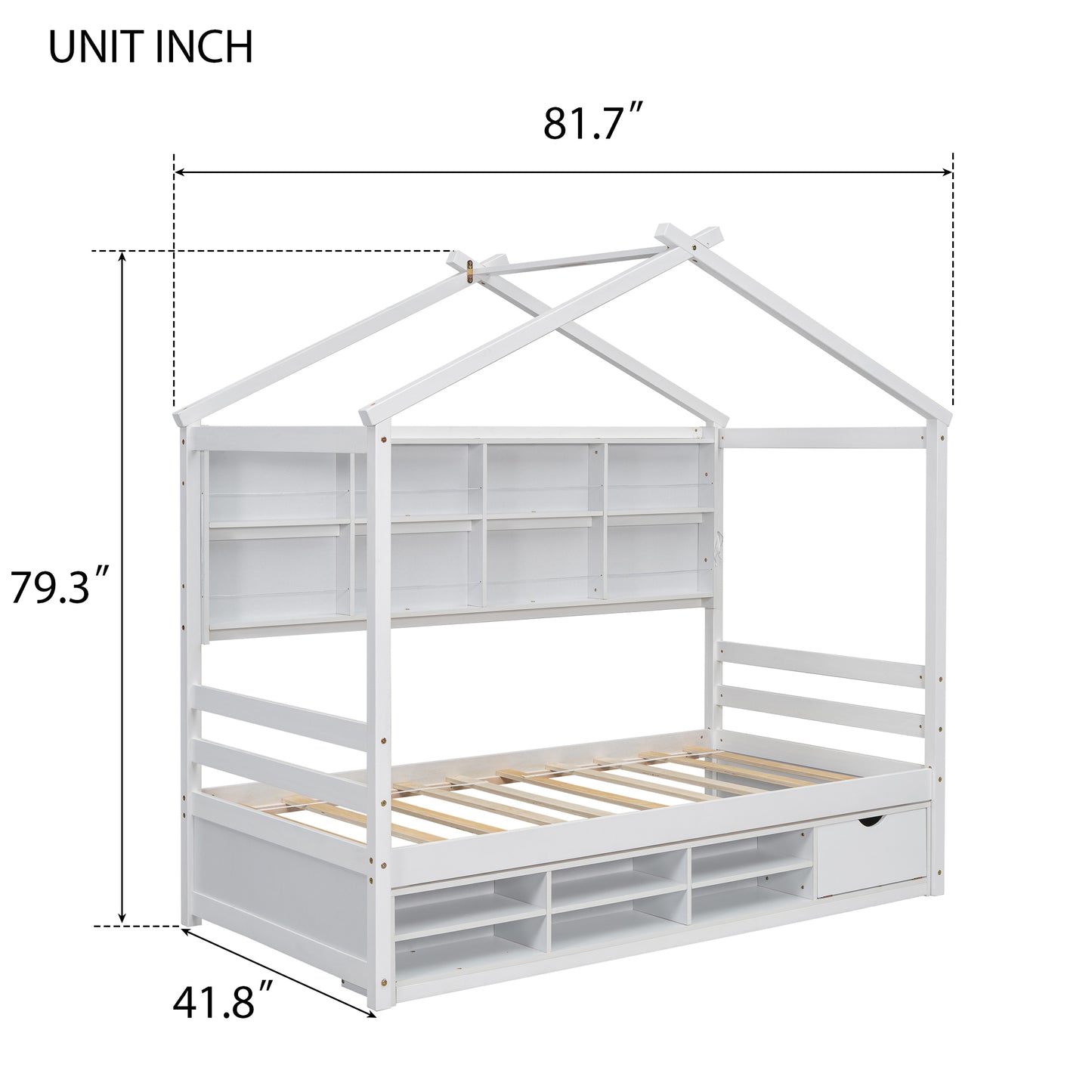 Twin House Bed with Roof Frame, Bedside-shelves, Under Bed Storage Unit,White