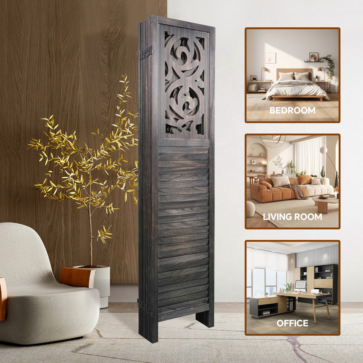 8 Panel Room Dividers, 6FT Carved Wood Room Divider Partition Room Dividers Wall Wooden Carved Folding Privacy Screens Foldable Panel Wall Divider for Office Restaurant, Rustic Brown