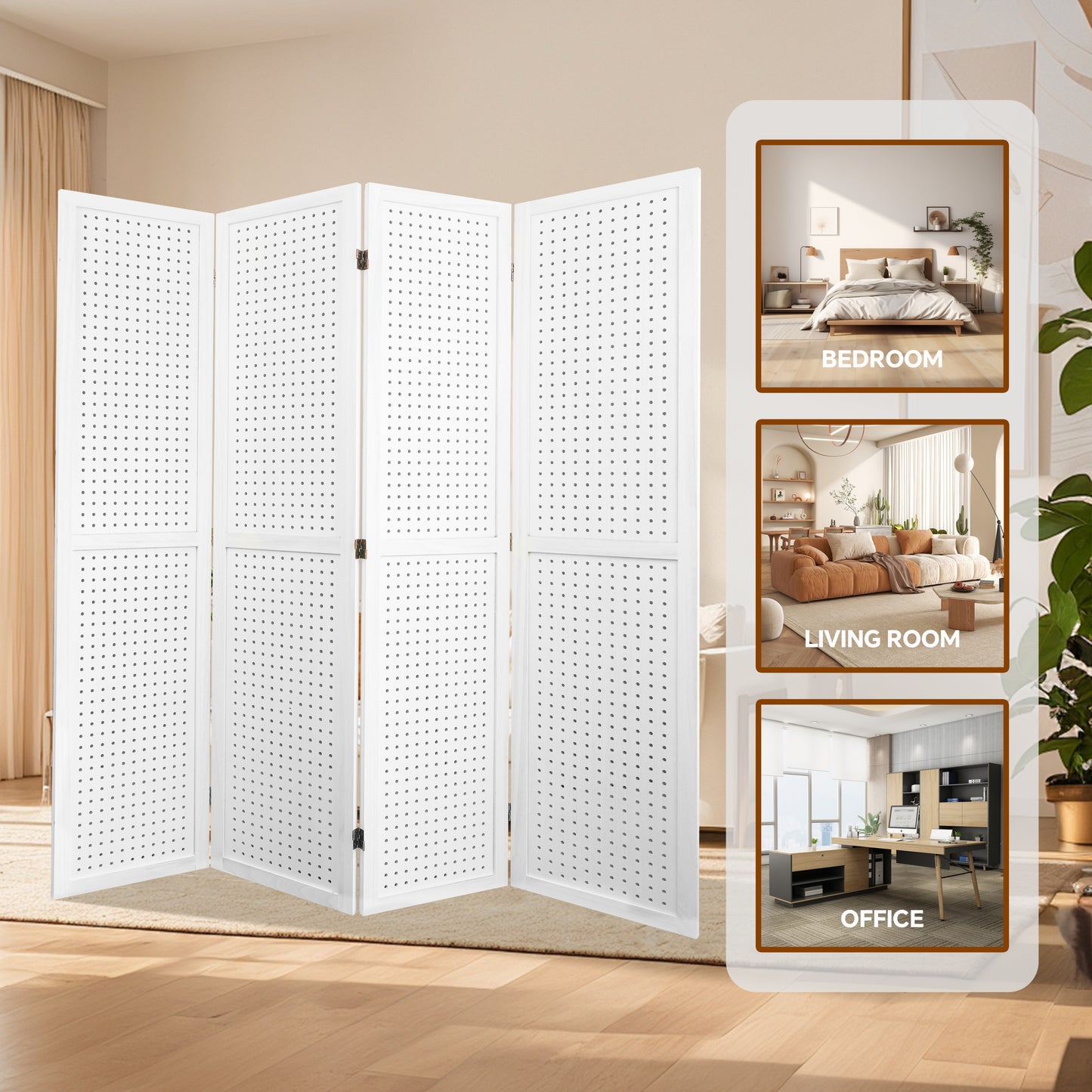 4 Panel Room Divider, 5.6Ft Pegboard Display Wooden Room Divider Folding Privacy Screen Room Divider Freestanding Peg Board Display for Trade Show Craft Show Home Wall Organizer, Elegant White