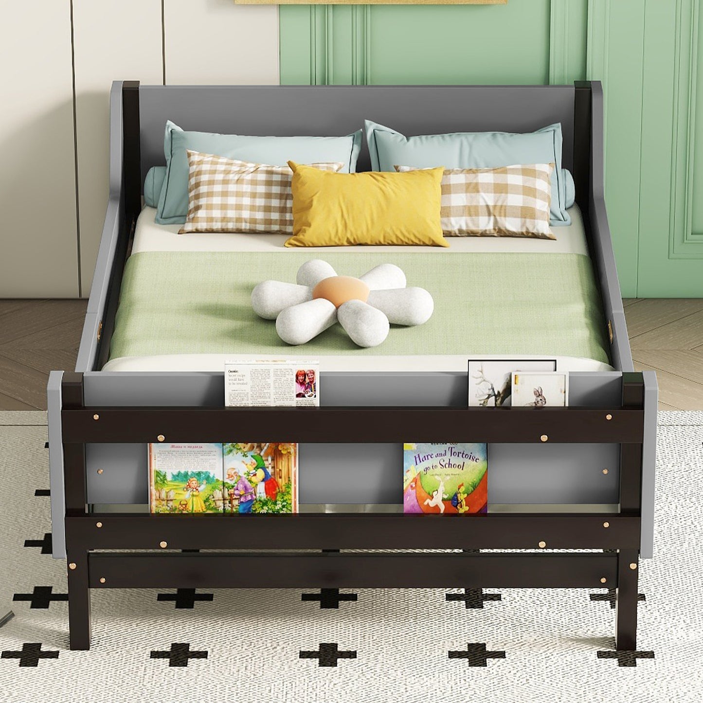 Twin Bed with Headboard, Footboard, Safeguards,  Built-in Bed-end Book Storage Rack ,Grey