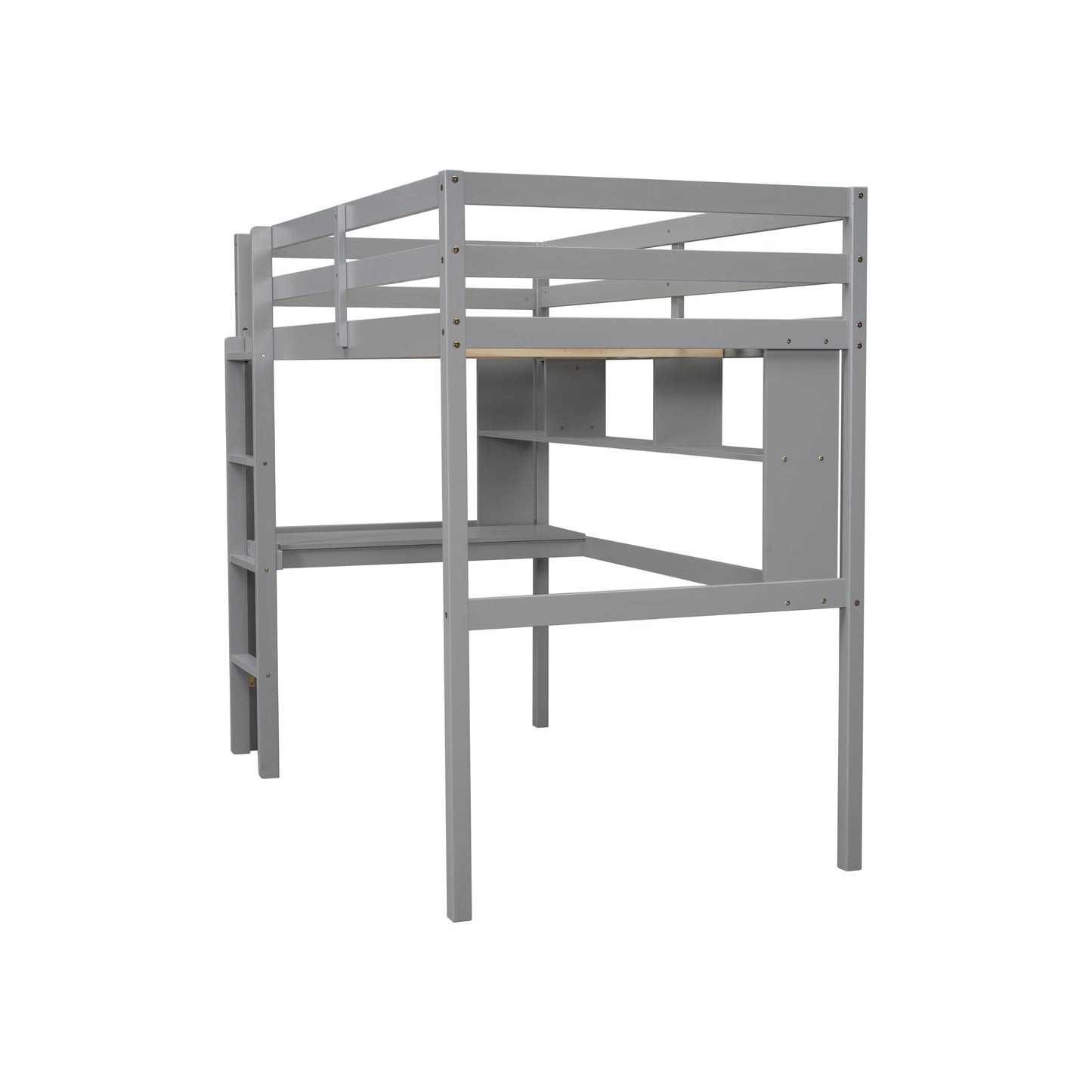 Twin Loft Bed with built-in desk and bookcase of three compartments, Guardrails and Ladder,Grey