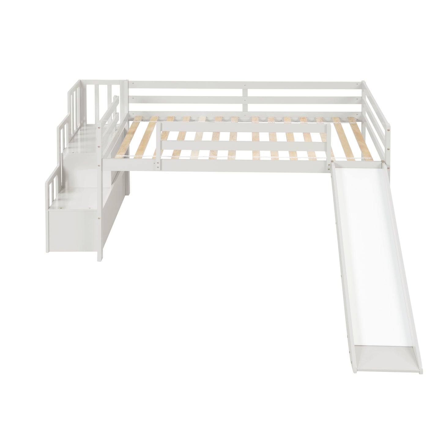 Loft Bed with Staircase, Storage, Slide, Twin size, Full-length Safety Guardrails, No Box Spring Needed, White (Old Sku:W504S00004)