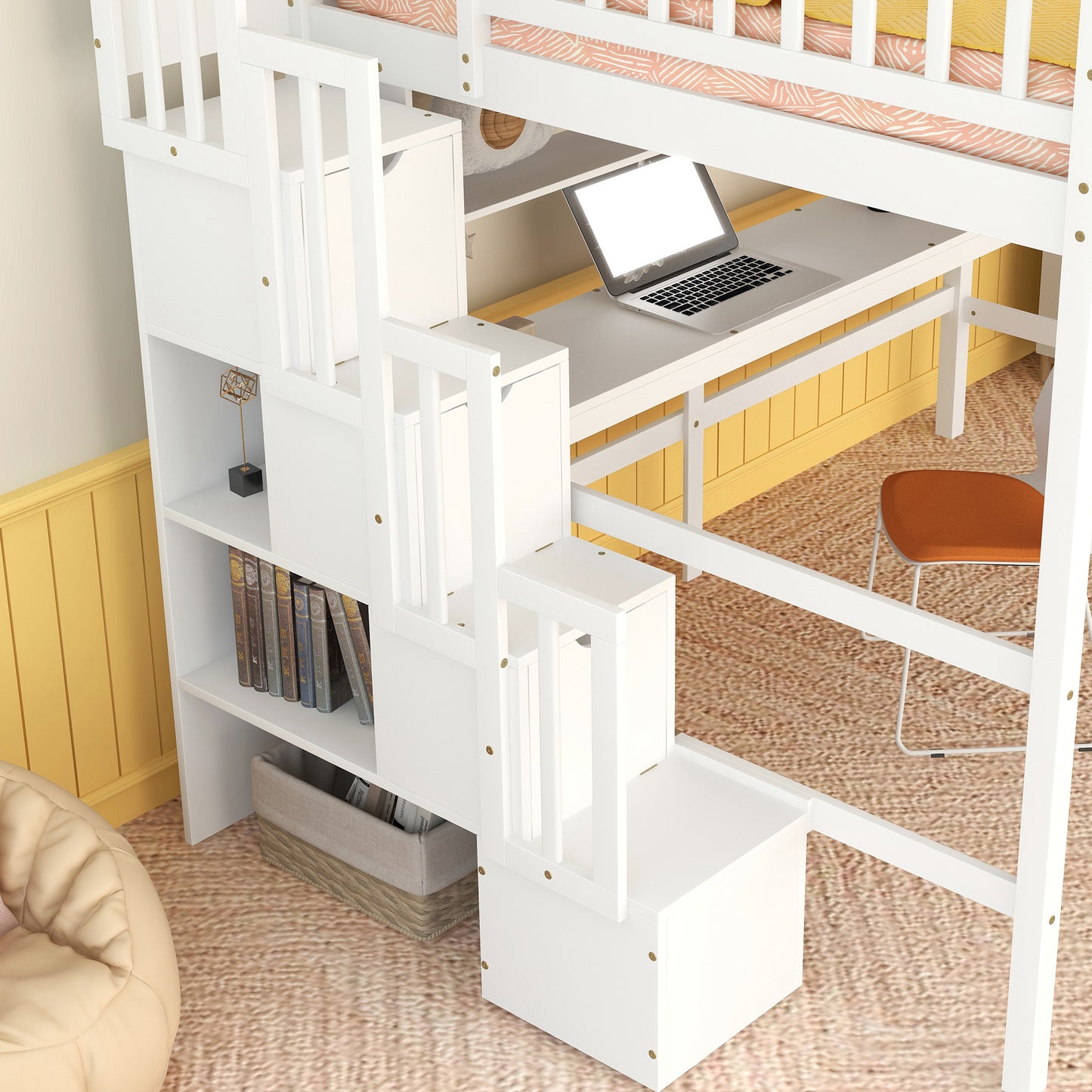 Full Size Loft Bed with Built-in Desk, Bookshelves and Storage Staircase,White(Old SKU:W504S00110)