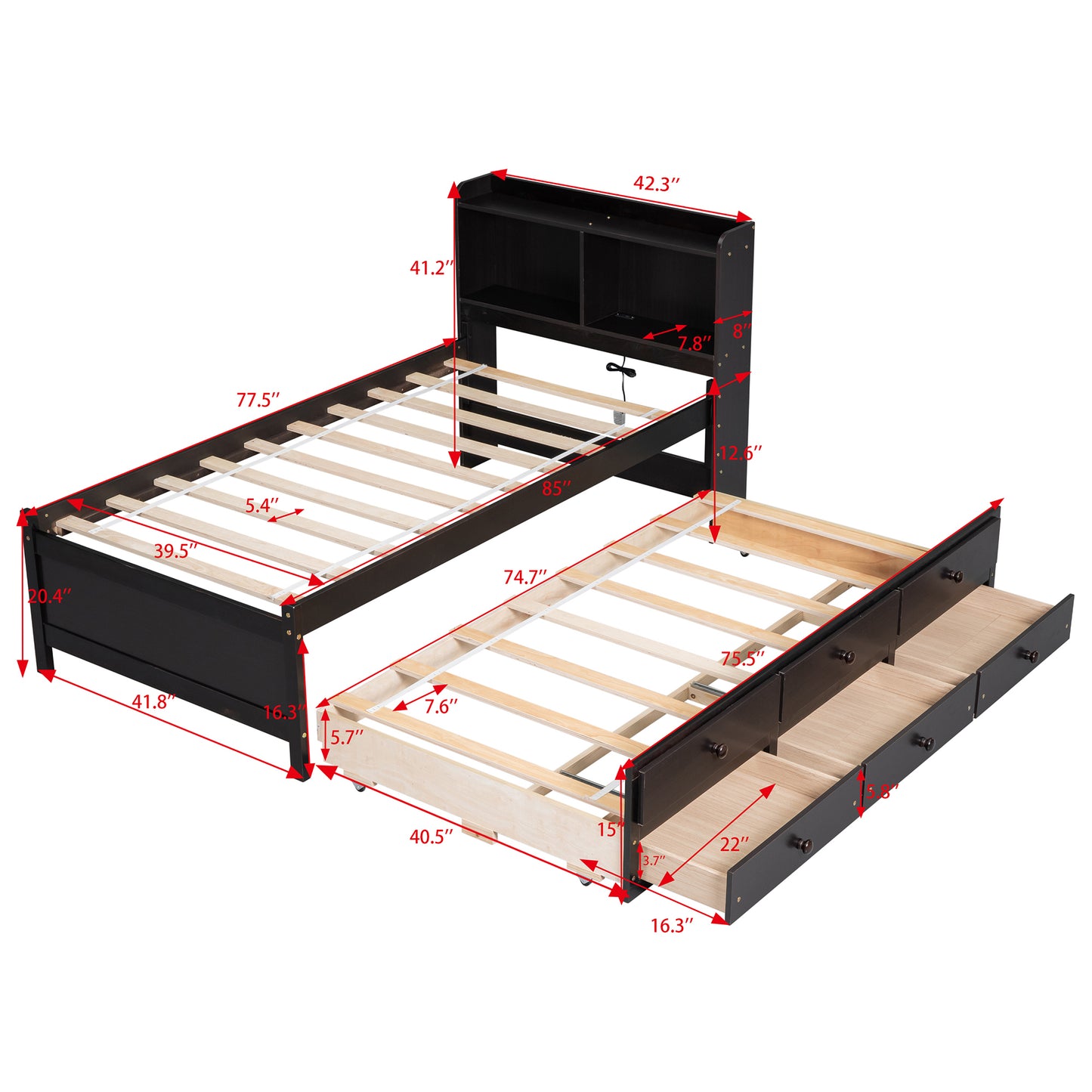 Twin Size Bed with  built-in USB ,Type-C Ports, LED light, Bookcase Headboard, Trundle and 3 Storage Drawers, Twin Size Bed with  Bookcase Headboard, Trundle and Storage drawers ,Espresso