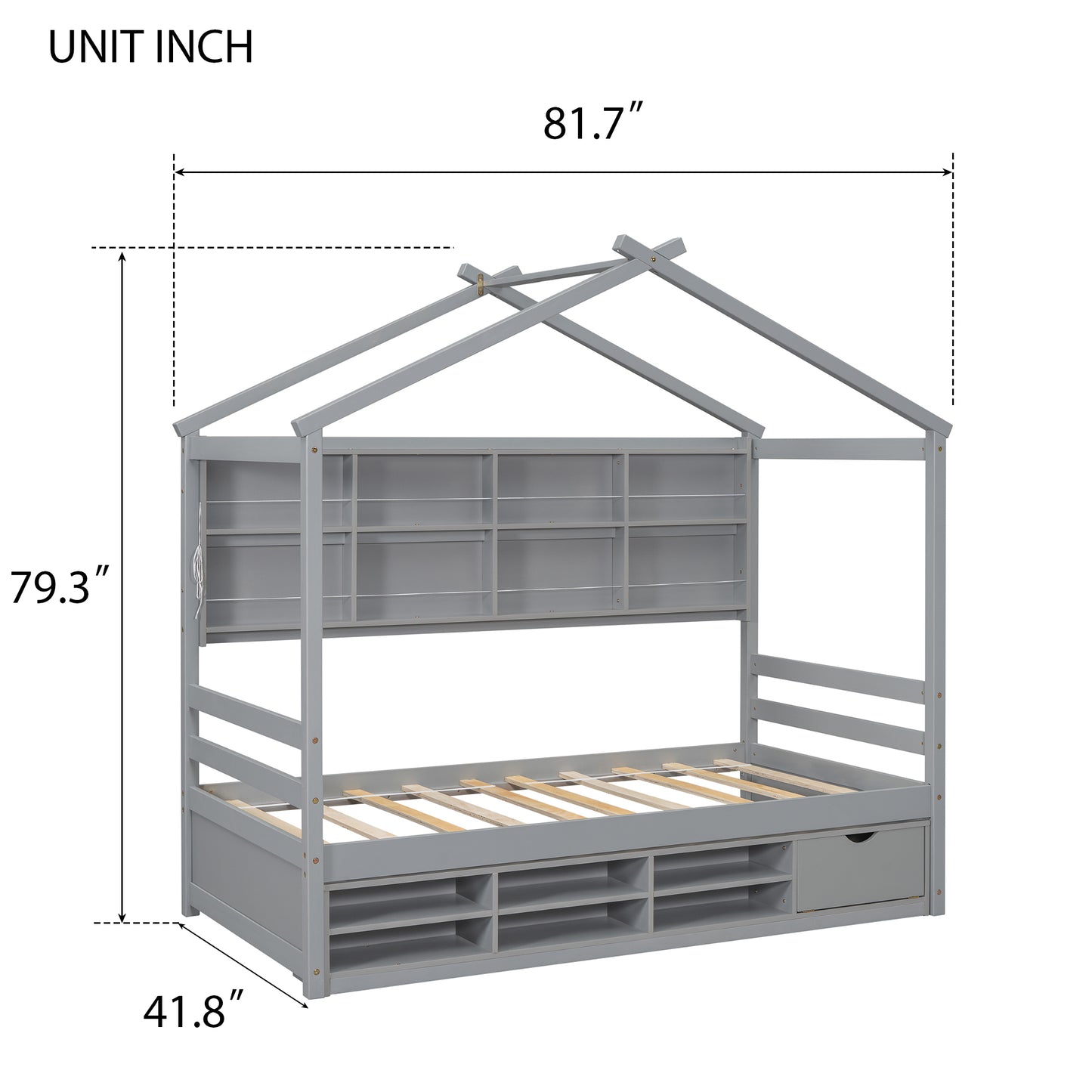 Twin House Bed with Roof Frame, Bedside-shelves, Under Bed Storage Unit,Grey