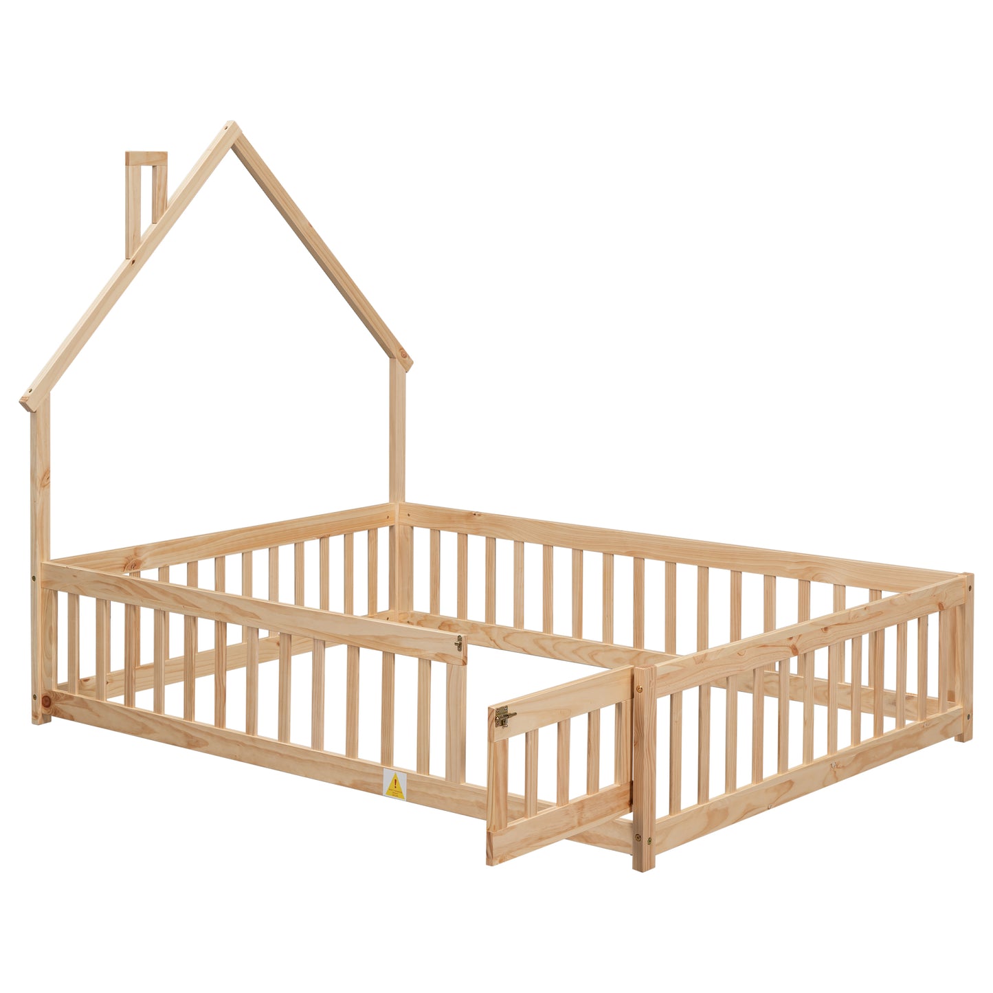 Full House-Shaped Headboard Floor Bed with Fence,Natural