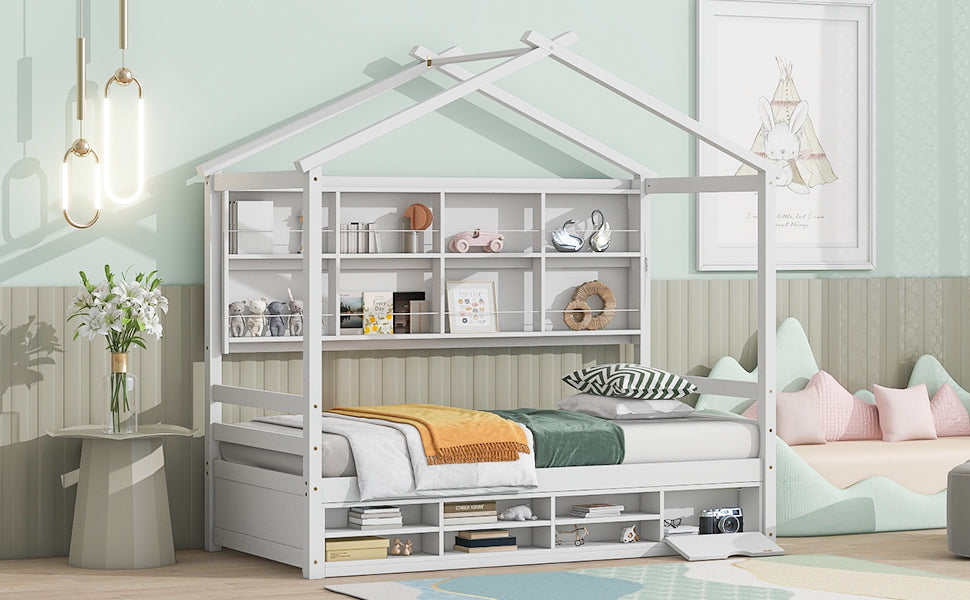 Twin House Bed with Roof Frame, Bedside-shelves, Under Bed Storage Unit,White