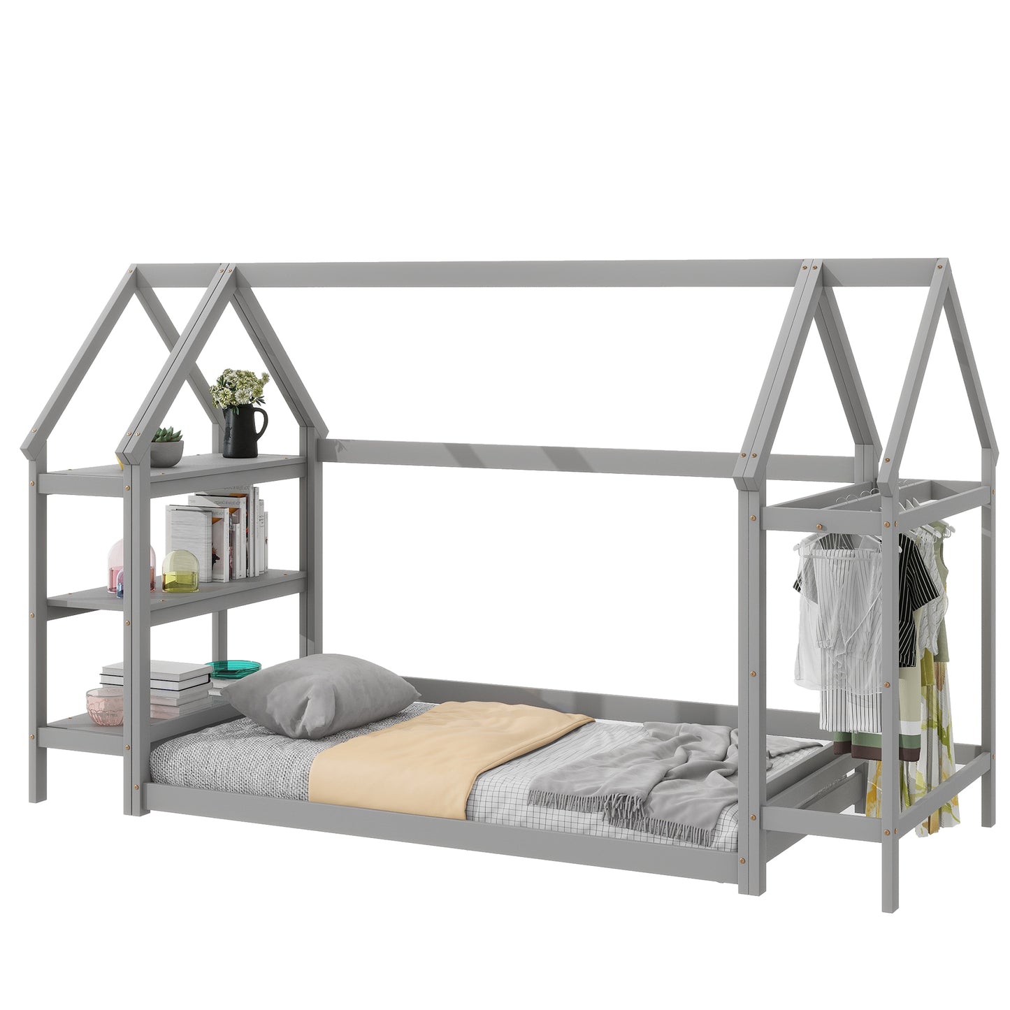 Twin size wood house bed with storage shelf and hanger ,kids bedroom set,Grey