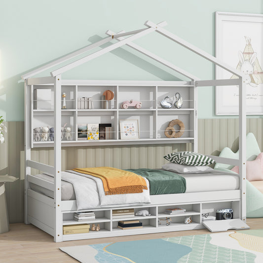 Twin House Bed with Roof Frame, Bedside-shelves, Under Bed Storage Unit,White