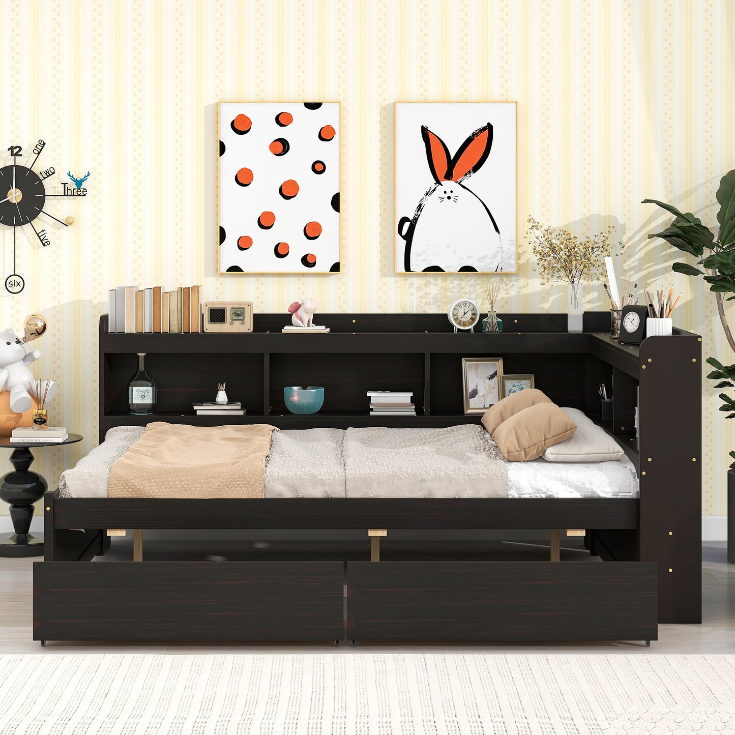 Full Bed with L-shaped Bookcases, Drawers ,Espresso