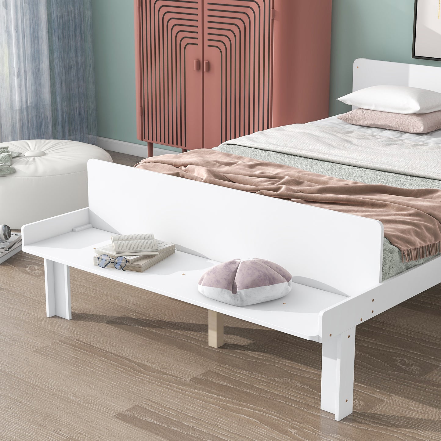 Full Bed with Footboard Bench,White