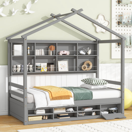 Twin House Bed with Roof Frame, Bedside-shelves, Under Bed Storage Unit,Grey