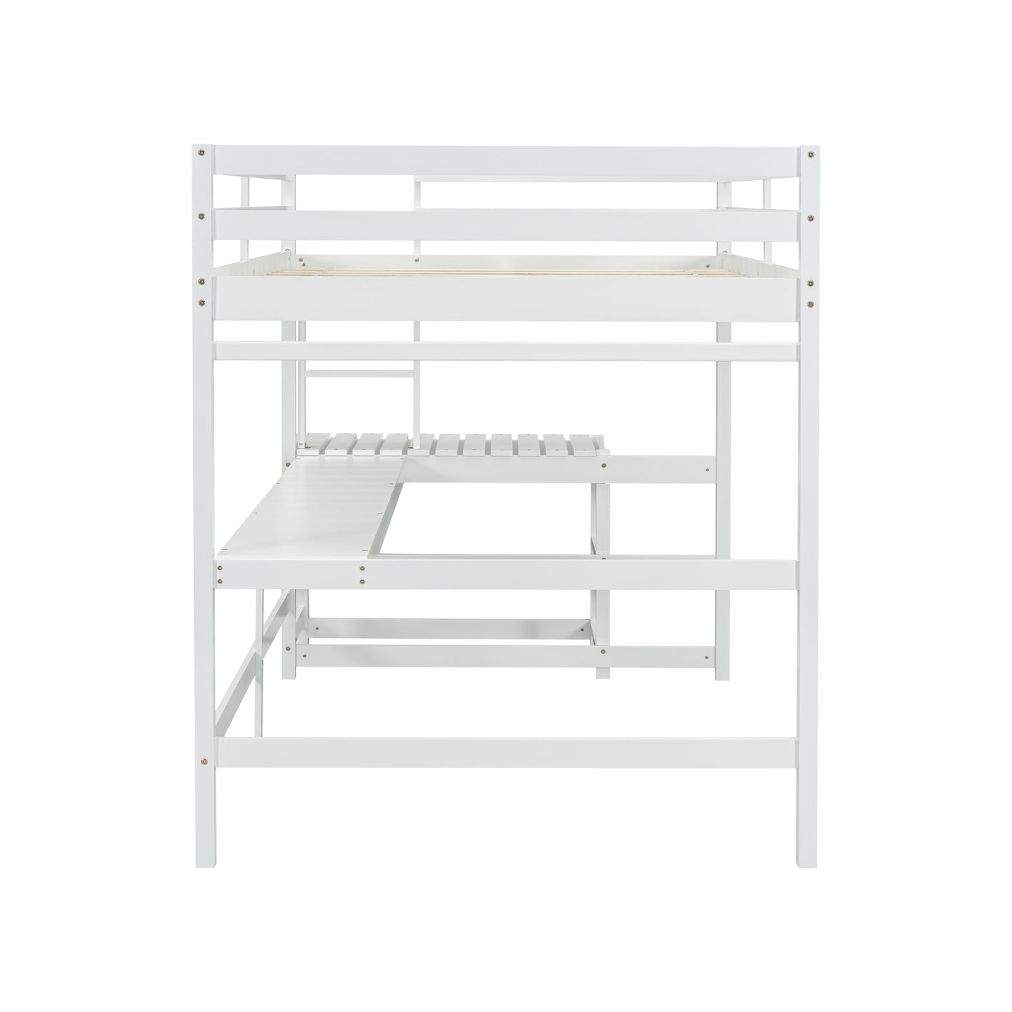 Full Loft Bed with Built-in Desk, Ladder Platform, Ladders, Guardrails,White