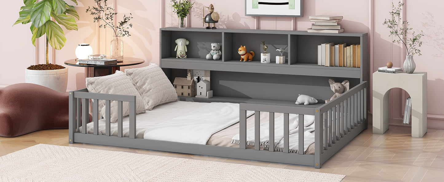 Full Floor Bed with Side Bookcase,Shelves,Guardrails,Grey