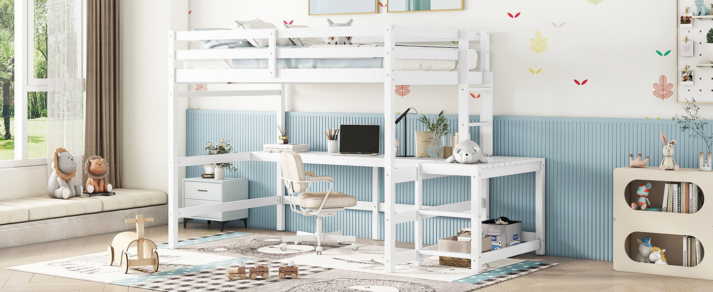 Full Loft Bed with Built-in Desk, Ladder Platform, Ladders, Guardrails,White