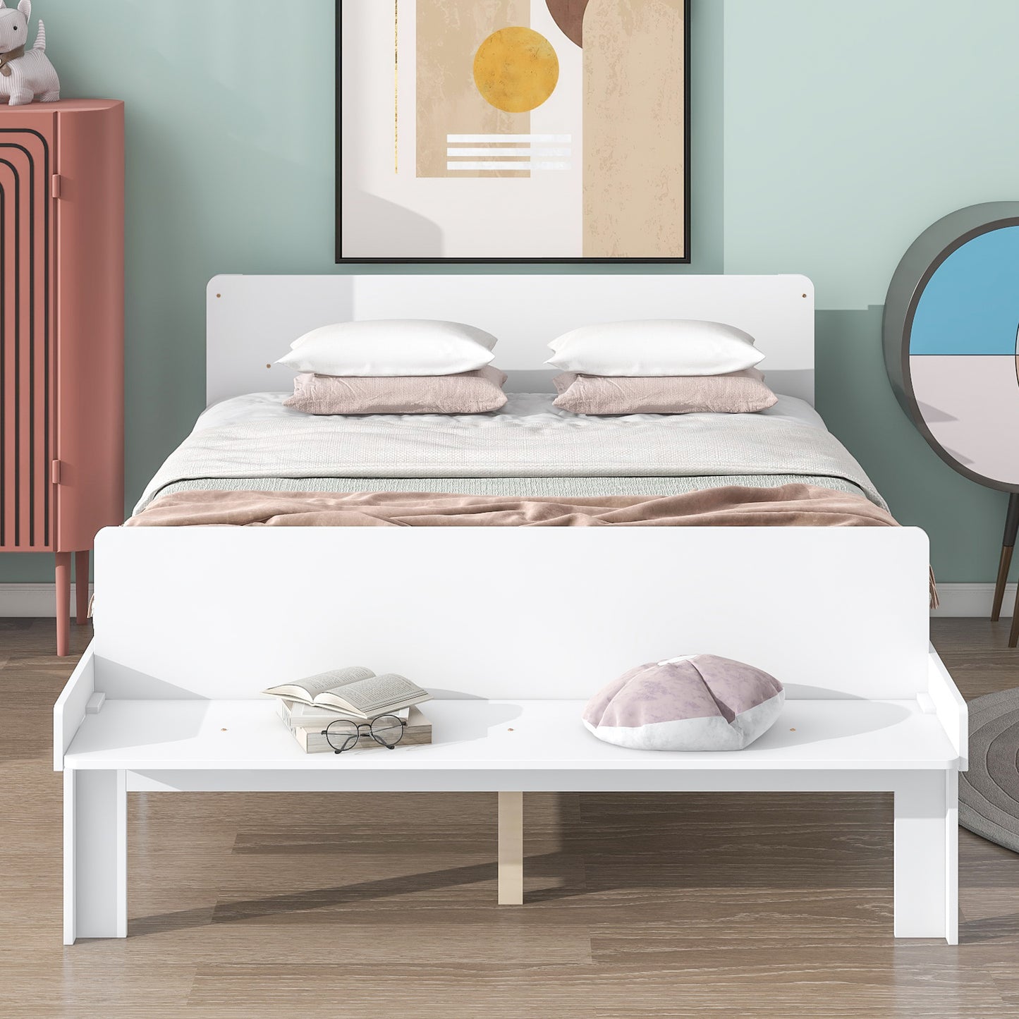 Full Bed with Footboard Bench,White