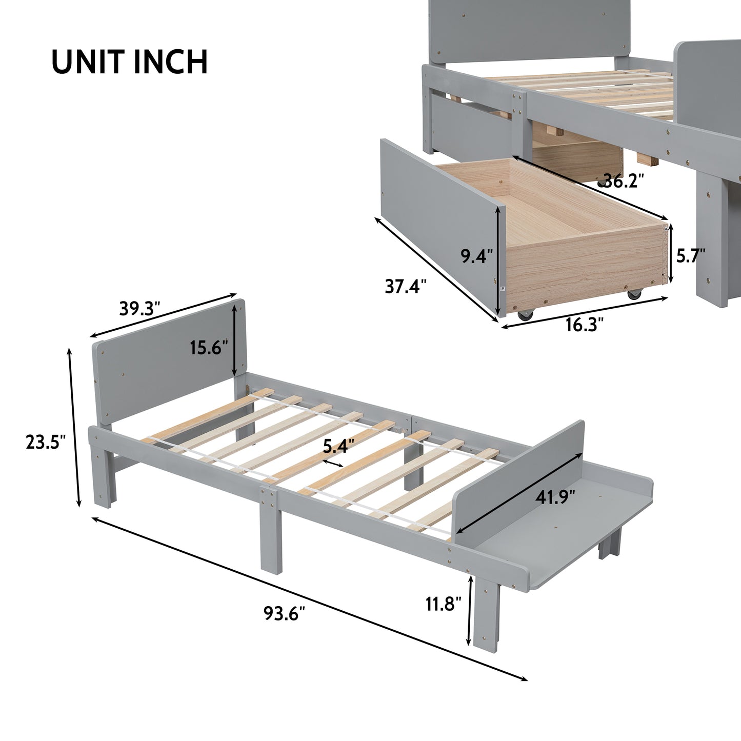 Twin Bed with Footboard Bench,2 drawers,Grey