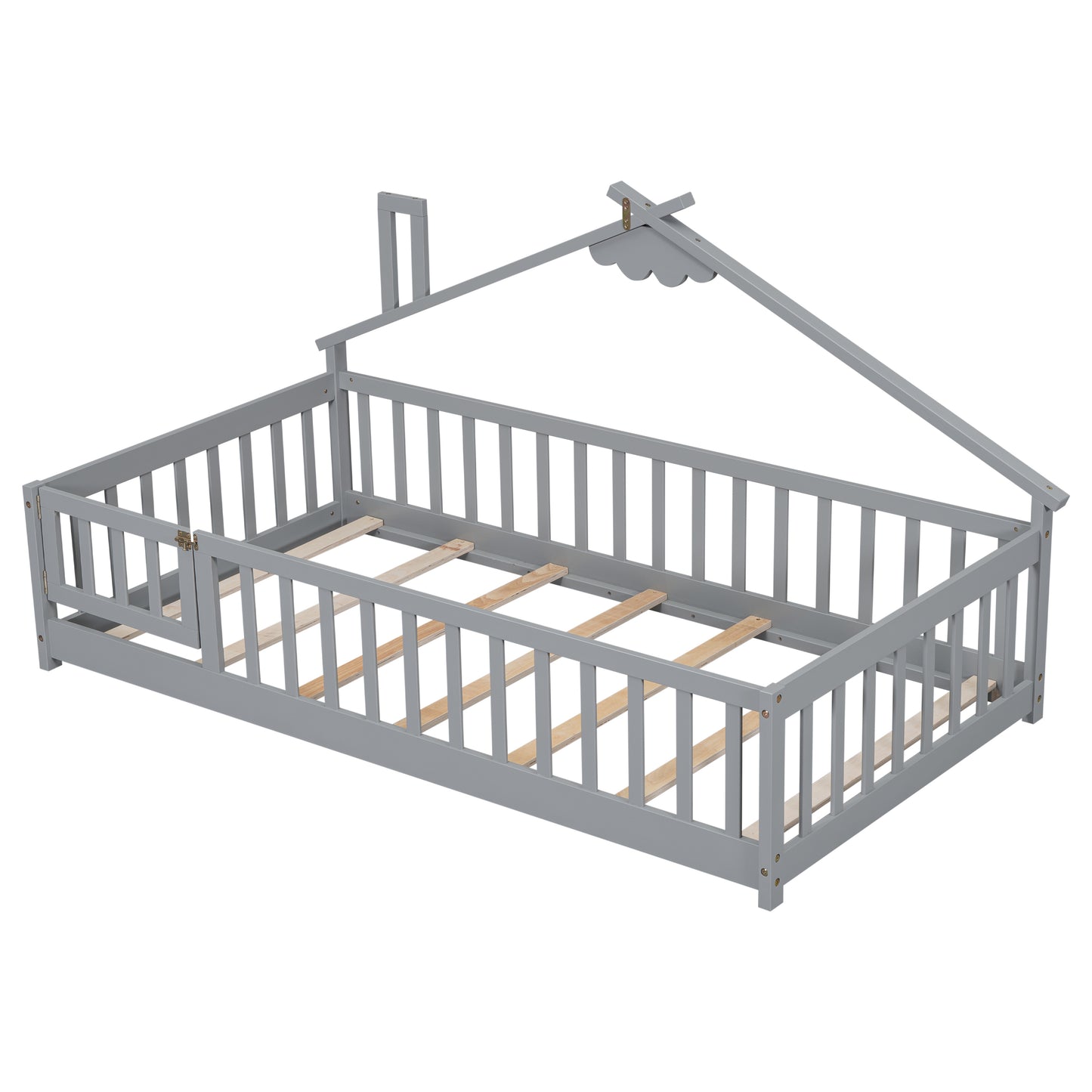 Twin House-Shaped Bedside Floor Bed with Guardrails, Slats, with Door,Grey