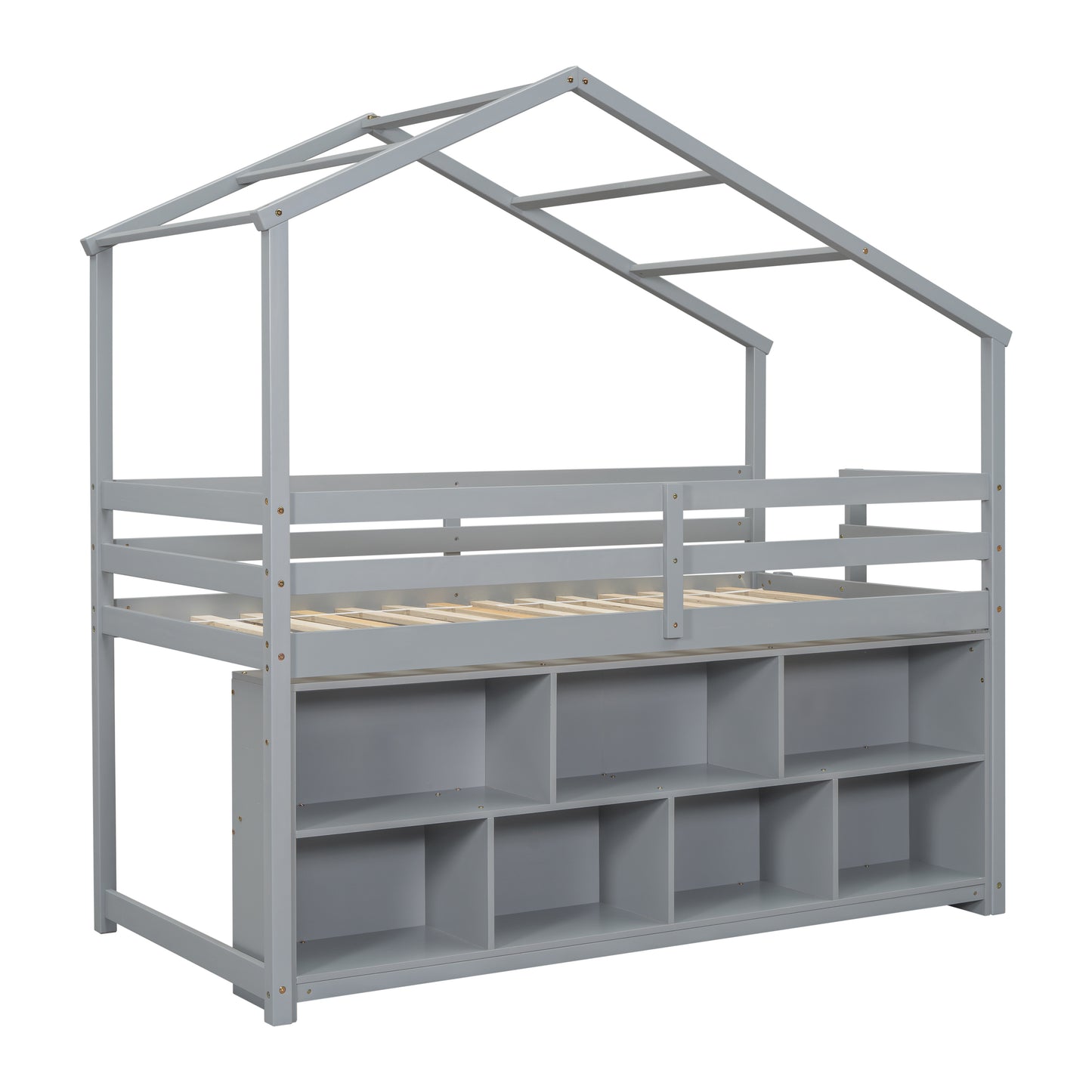 Twin House Loft Bed with Roof Frame, Under Bed Shelving Storage Unit, Guardrails, Ladder,Grey