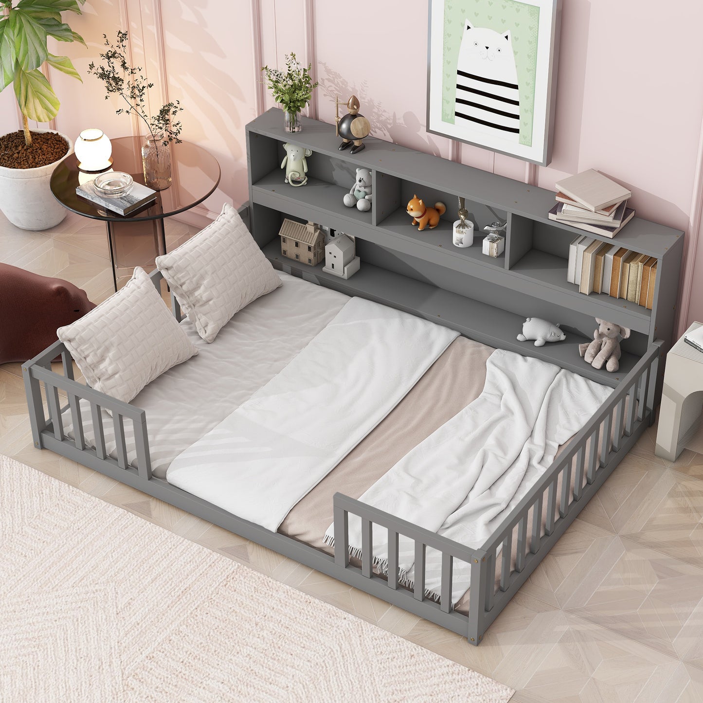 Full Floor Bed with Side Bookcase,Shelves,Guardrails,Grey