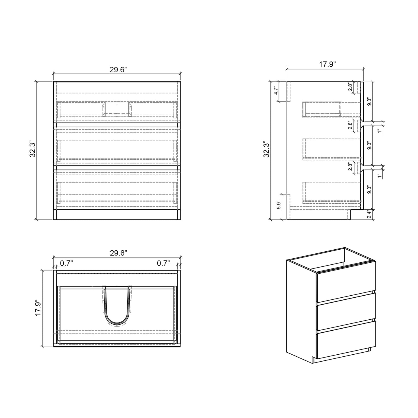 Alice-30F-102,Floor cabinet WITHOUT basin, Gray color, With three drawers, Pre-assembled