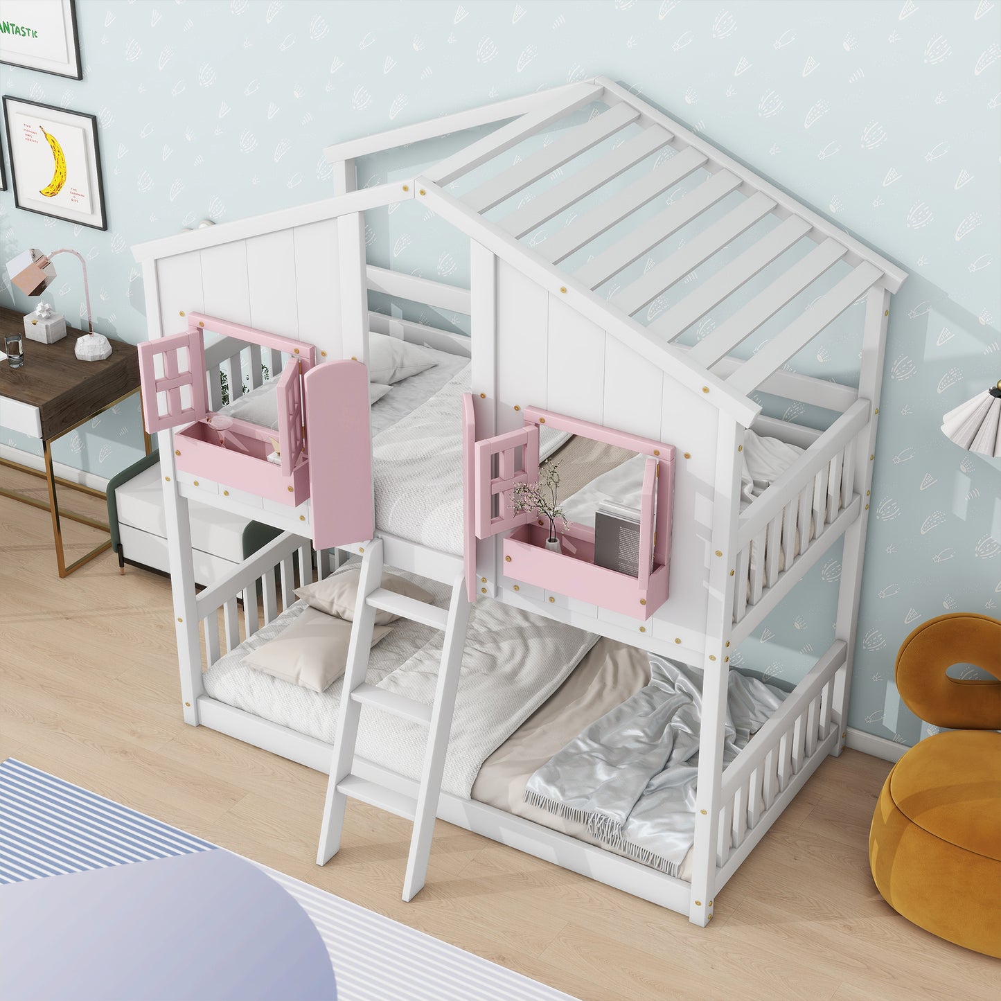 Twin over Twin House Bunk Bed with Roof , Window, Window  Box, Door , with Safety Guardrails and Ladder, Pink/White