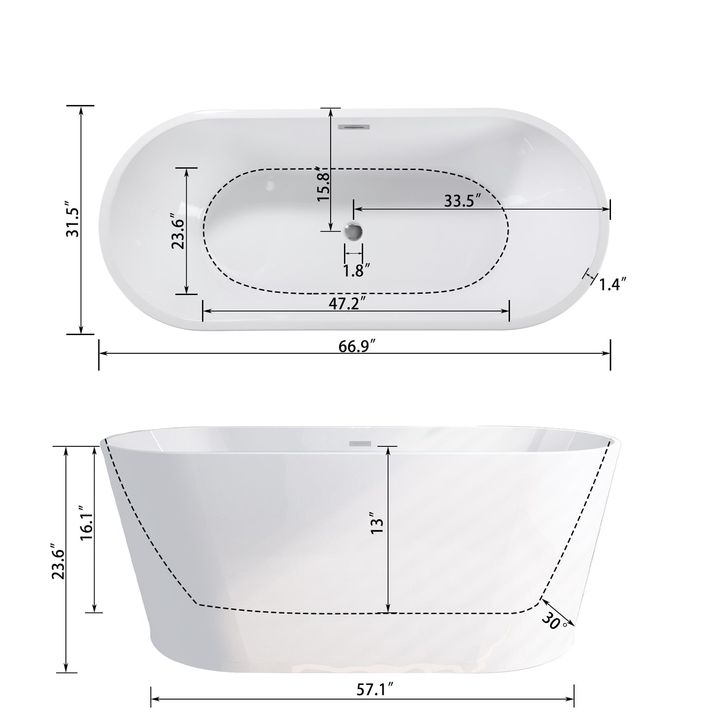 67" Acrylic Freestanding Bathtub-Acrylic Soaking Tubs, Oval Shape Freestanding Bathtub With Chrome Overflow and Pop Up Drain