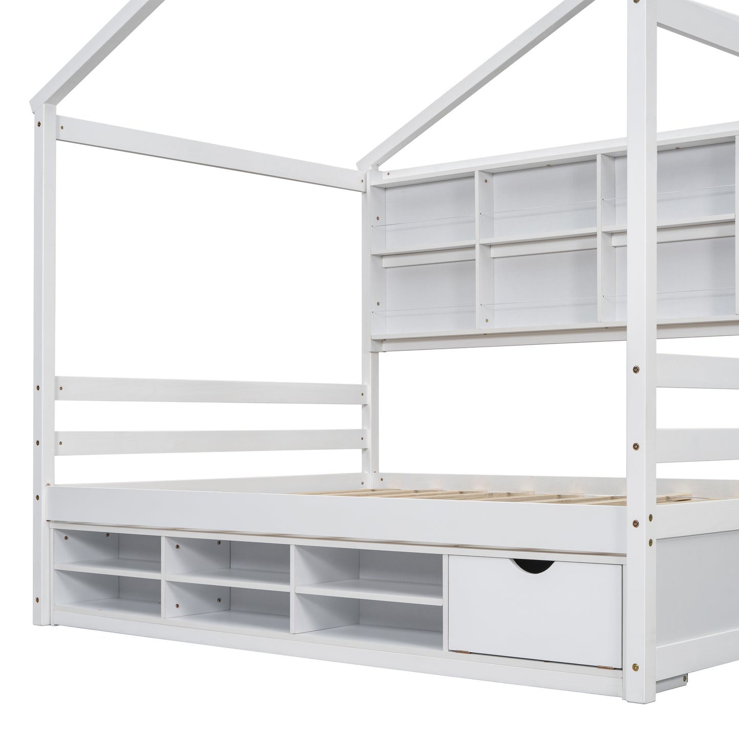 Full House Bed with Roof Frame, Bedside-shelves, Under Bed Storage Unit,White