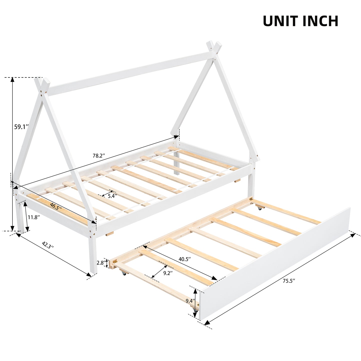 Twin size Tent Floor Bed, Teepee Bed, with Trundle,White