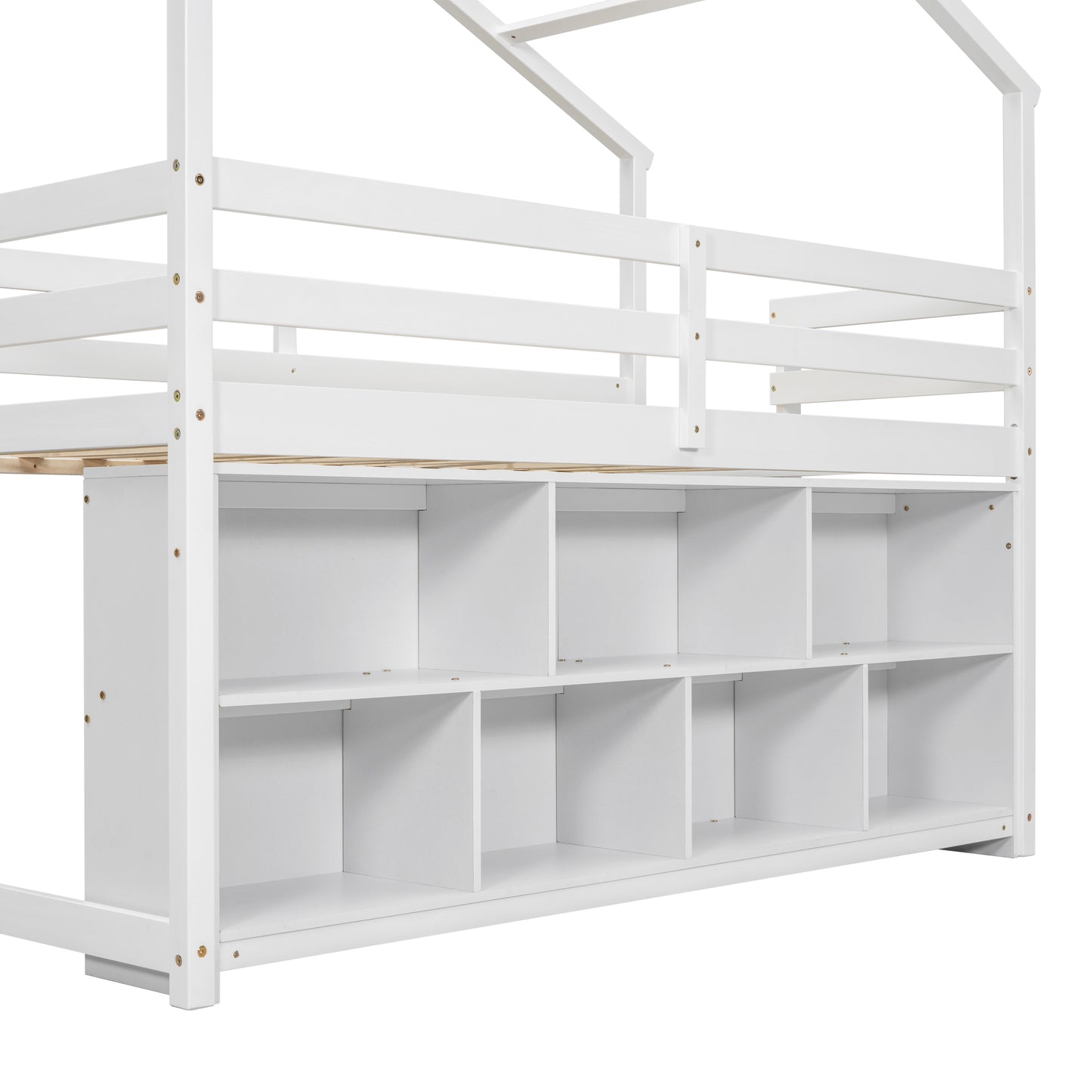 Twin House Loft Bed with Roof Frame, Under Bed Shelving Storage Unit, Guardrails, Ladder,White