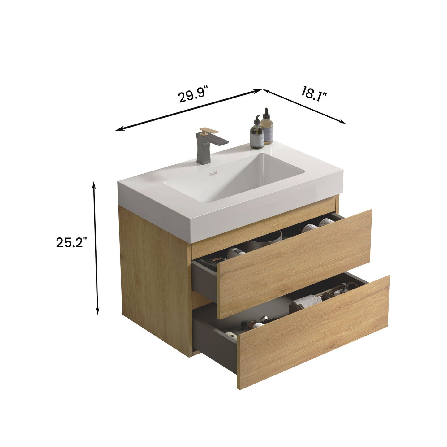 U041-Alice30-106 Alice 30" Natural Oak Bathroom Vanity with Sink, Large Storage Wall Mounted Floating Bathroom Vanity for Modern Bathroom, Pre-assembled