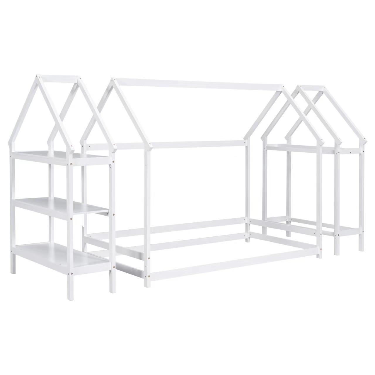 Twin size wood house bed with storage shelf and hanger ,kids bedroom set,White