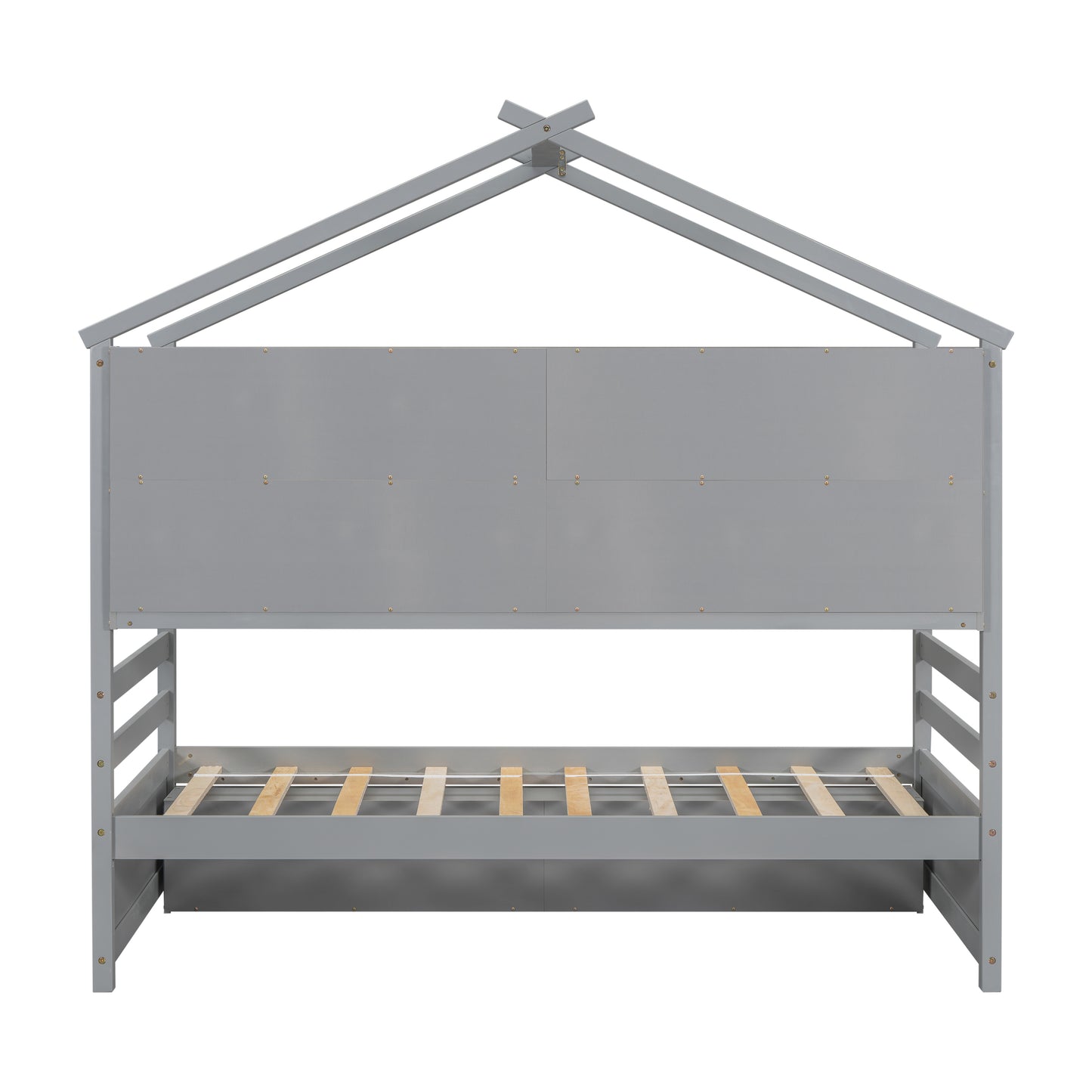 Twin House Bed with Roof Frame, Bedside-shelves, Under Bed Storage Unit,Grey