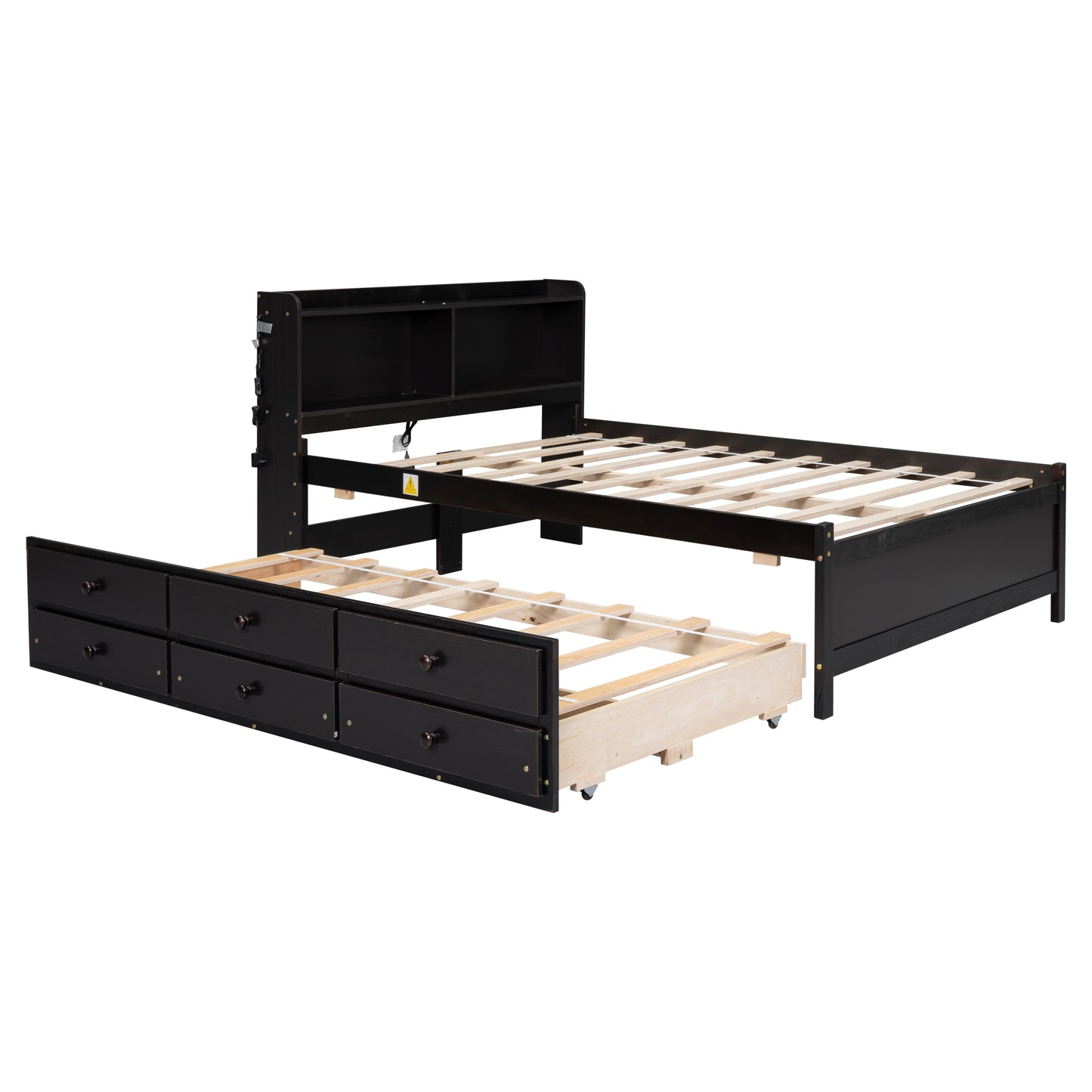 Full Size Bed with USB & Type-C Ports, LED light, Bookcase Headboard, Trundle and 3 Storage Drawers , Full Size Size Bed with  Bookcase Headboard, Trundle and Storage drawers,Espresso