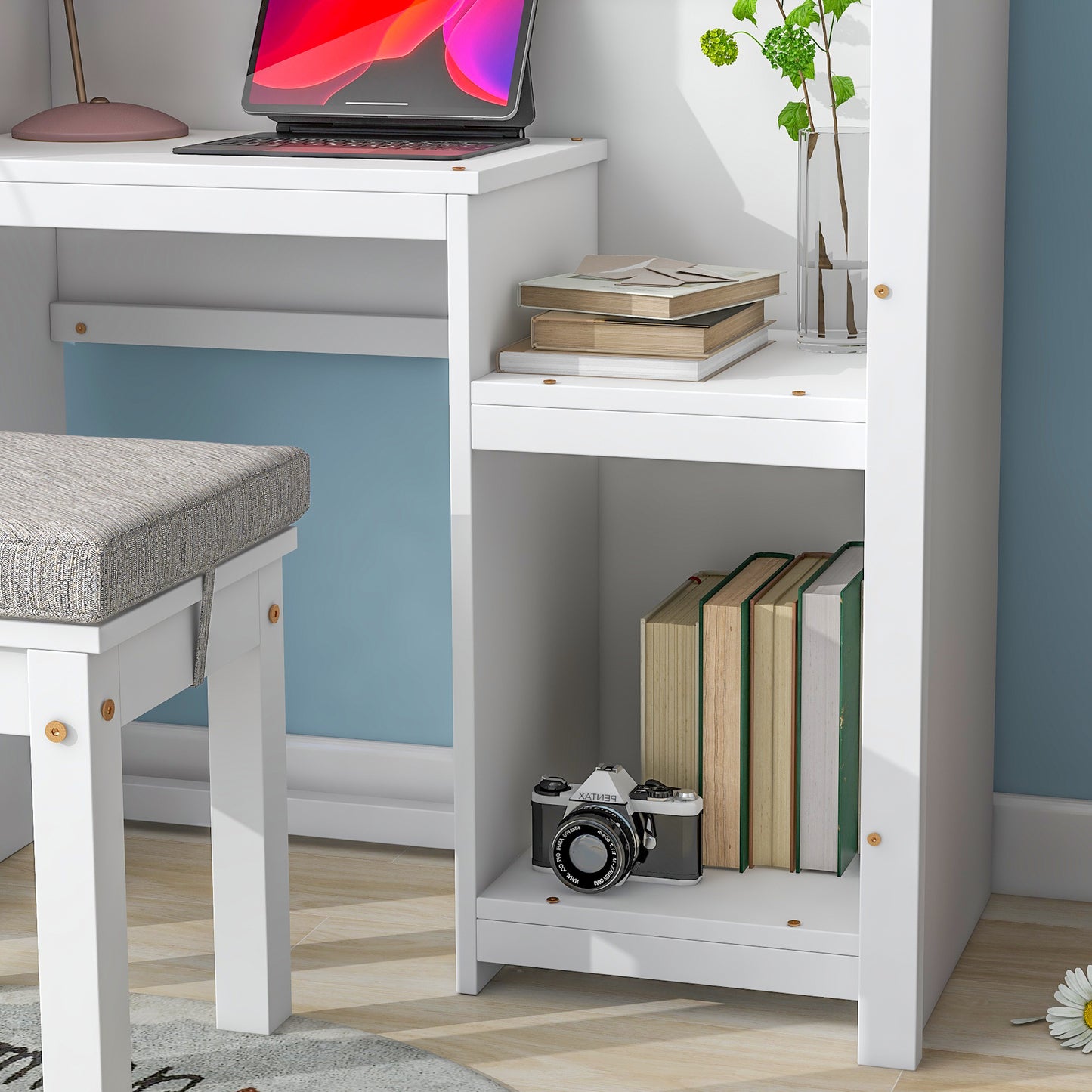 House-Shaped Kids Desk with a cushion stool,House-Style Desk and Stool Set,White