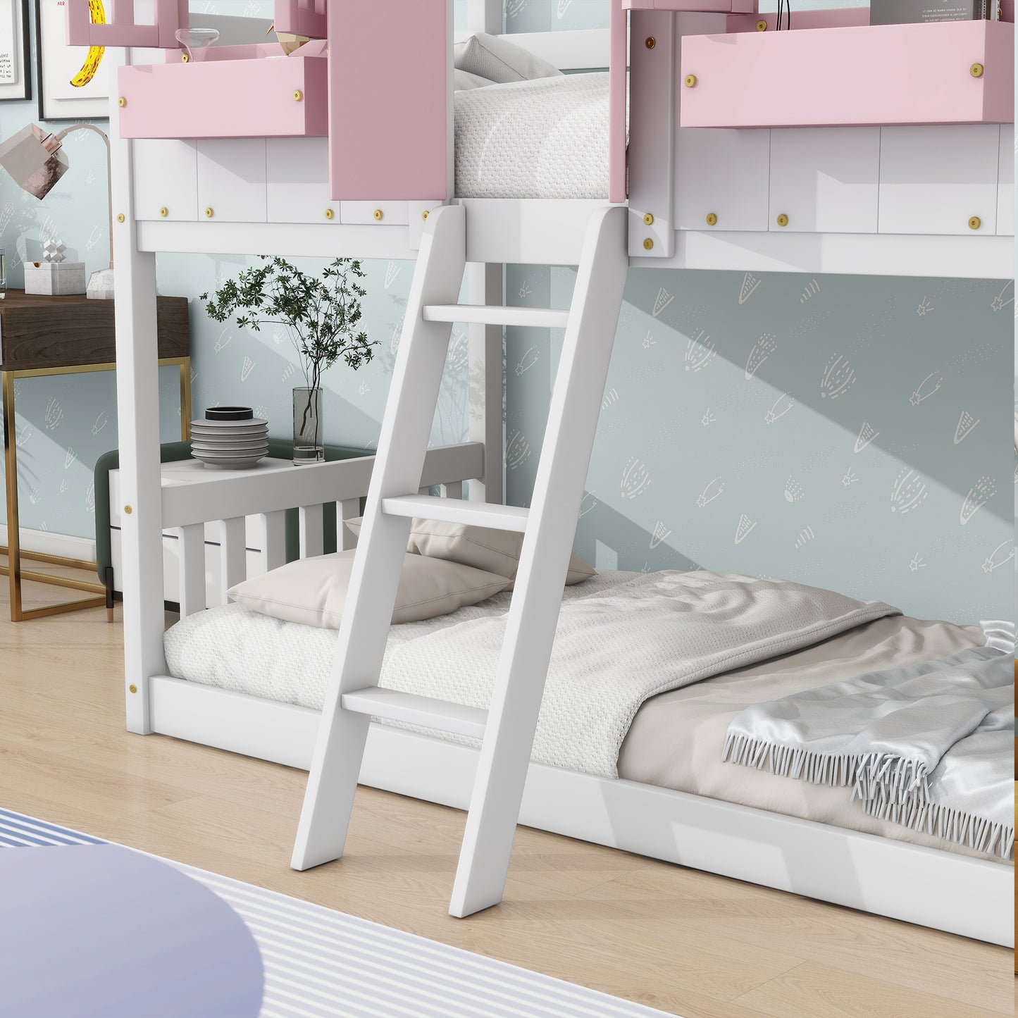 Twin over Twin House Bunk Bed with Roof , Window, Window  Box, Door , with Safety Guardrails and Ladder, Pink/White