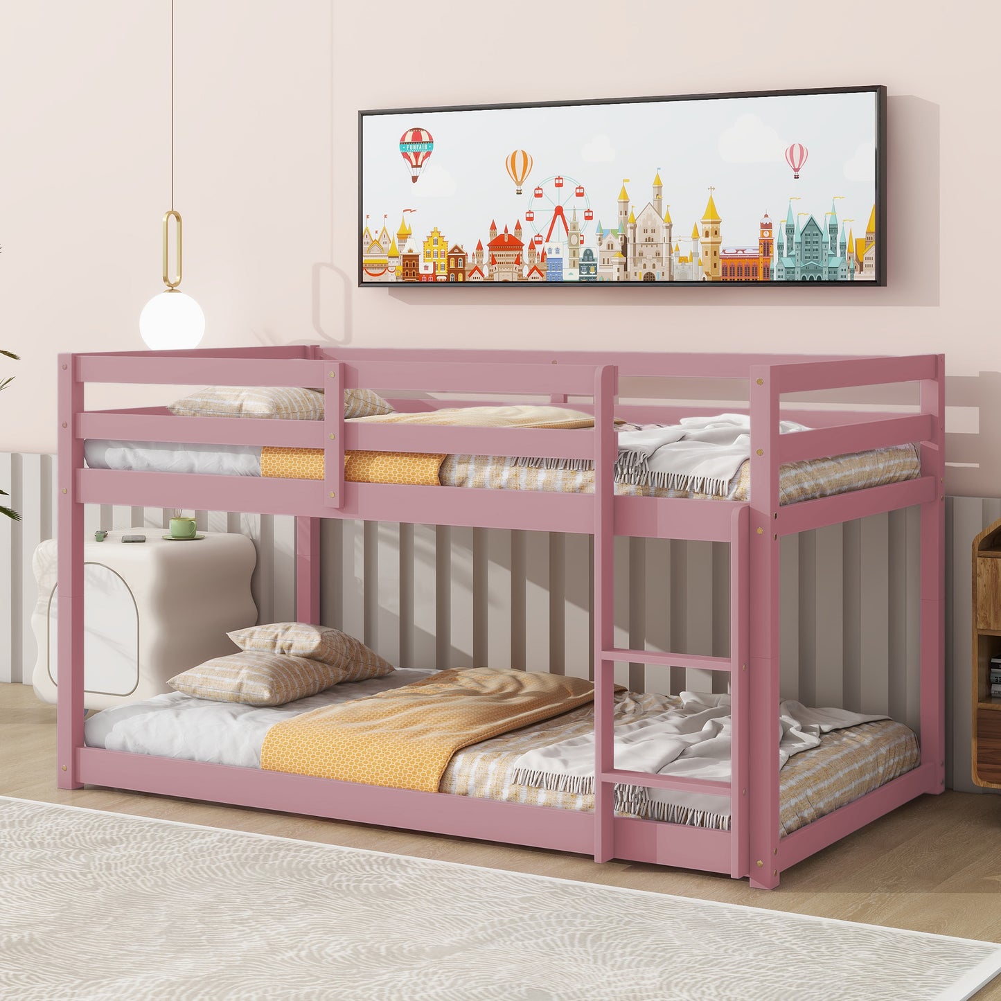 Twin over Twin Floor Bunk Bed,Pink