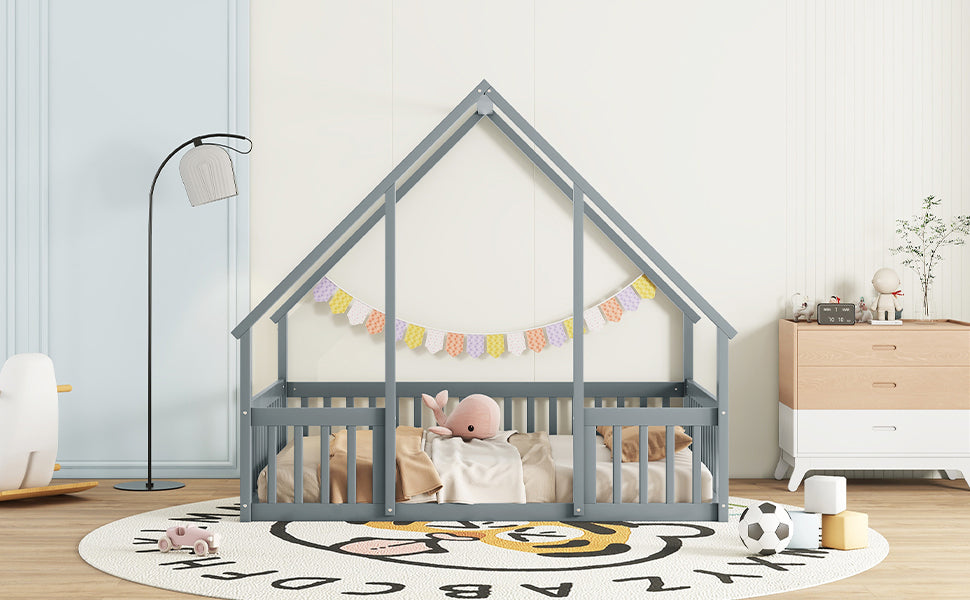 Full Wood House-Shaped Floor Bed with Fence, Guardrails,Grey