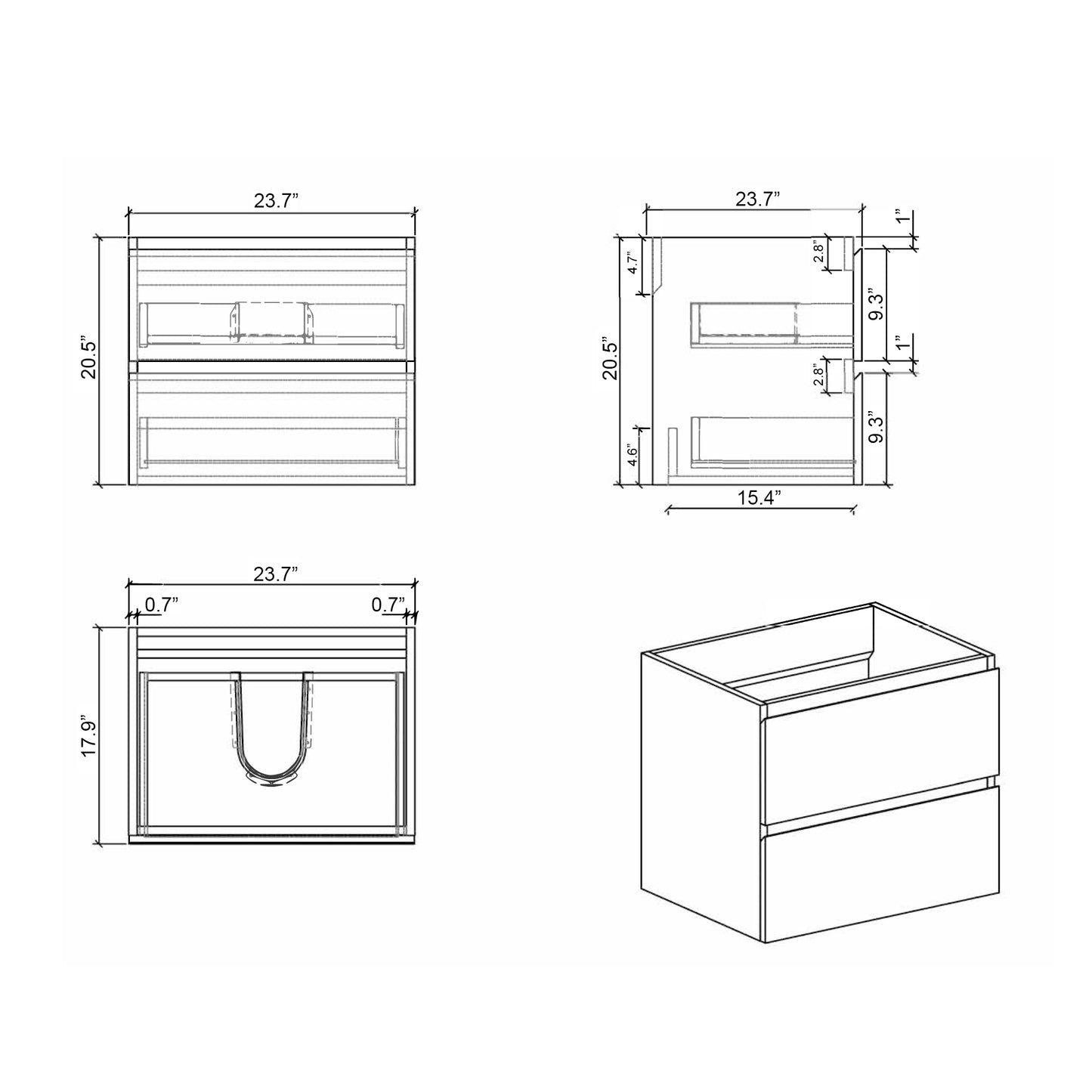 Alice-24W-201,Wall mount bathroom vanity WITHOUT basin, white color, with two drawer, Pre-assembled