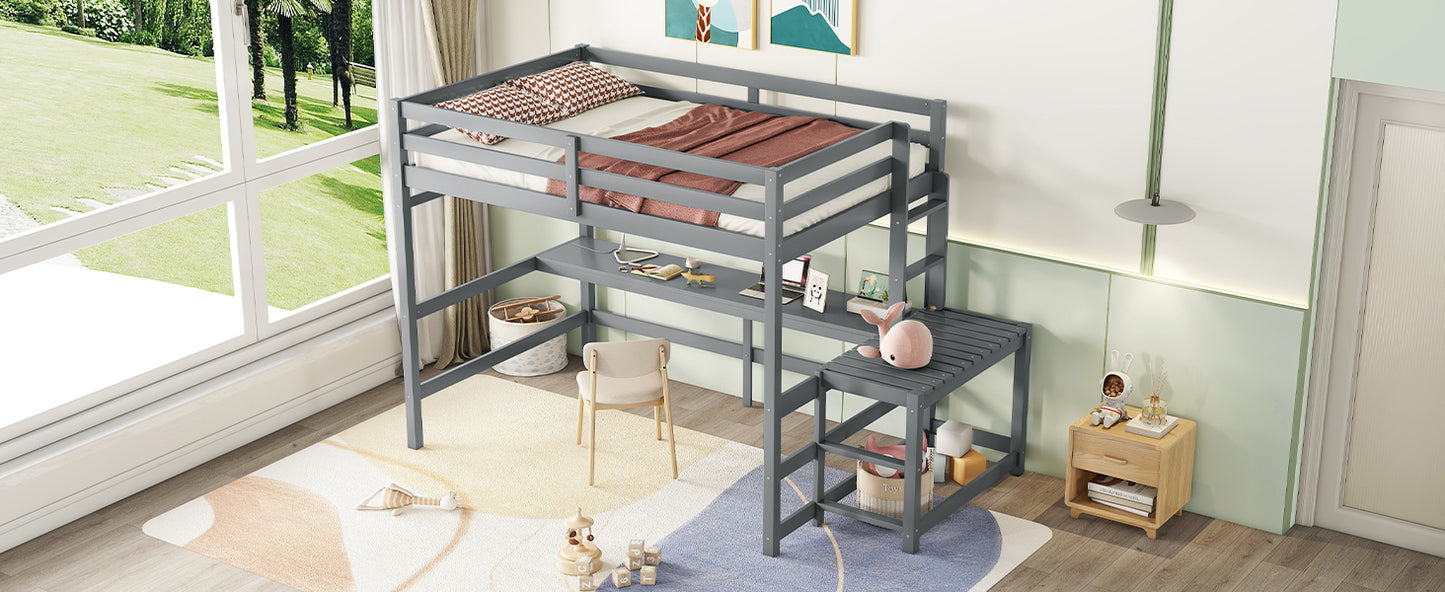 Full Loft Bed with Built-in Desk, Ladder Platform, Ladders, Guardrails,Grey