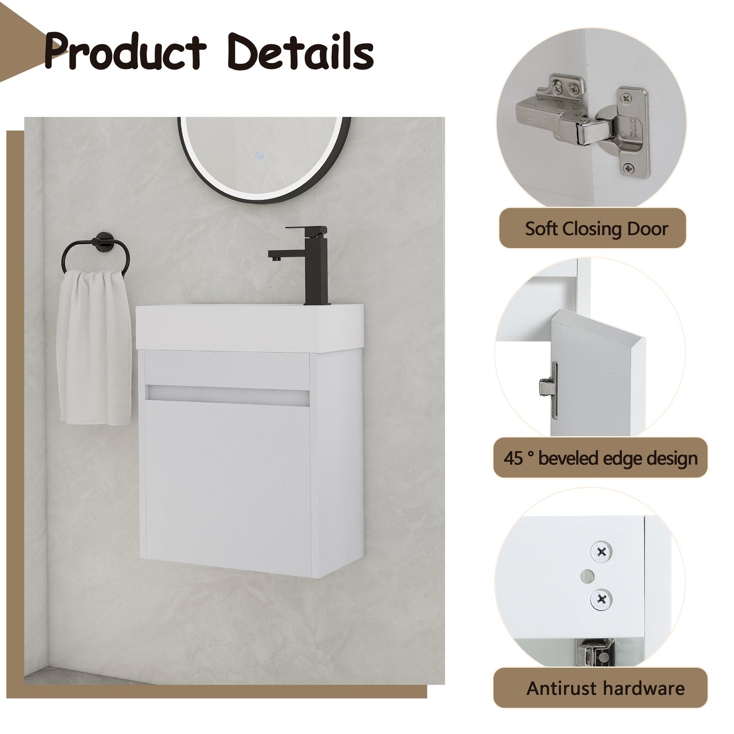 18'' Floating Wall-Mounted Bathroom Vanity with White Resin Sink & Soft-Close Cabinet Door