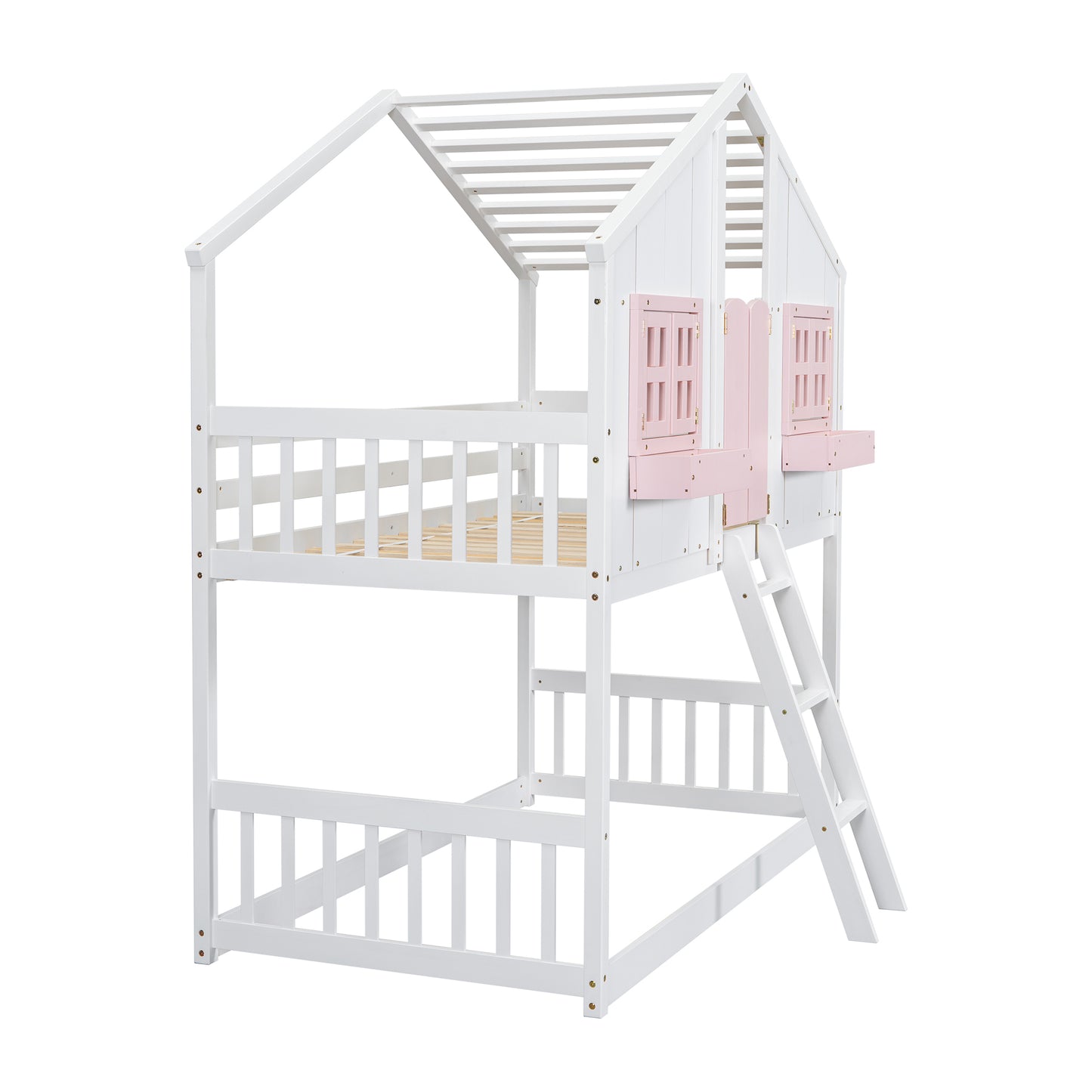 Twin over Twin House Bunk Bed with Roof , Window, Window  Box, Door , with Safety Guardrails and Ladder, Pink/White