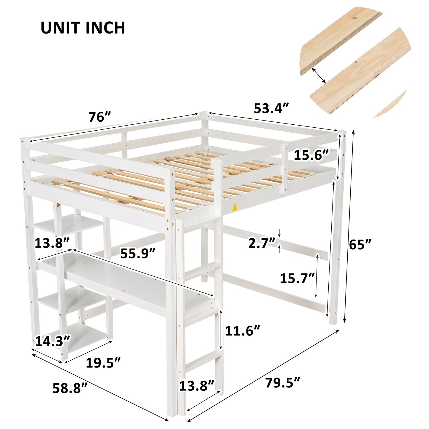 Full Loft Bed with Desk and Shelves,White