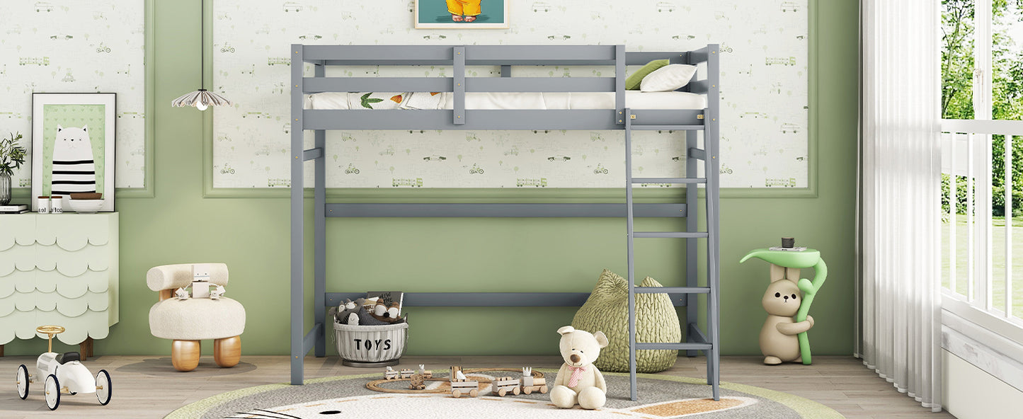 Twin Size High Loft Bed with inclined Ladder, Guardrails,Grey