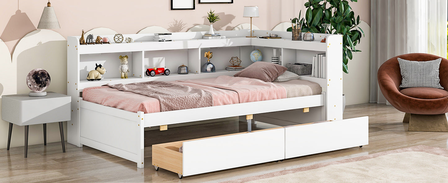 Twin Bed with L-shaped Bookcases,Drawers ,White