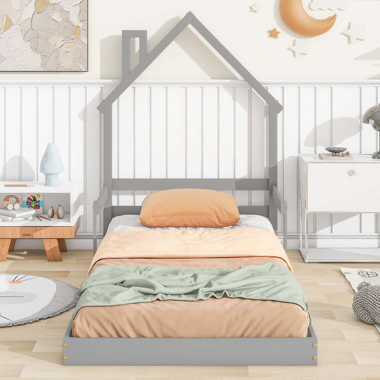 Twin-size bed House-Shaped Headboard Floor Bed with Handrails KID'S BED