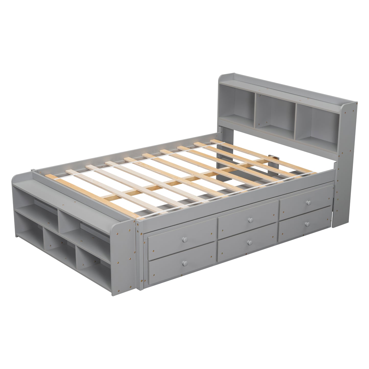 Full Bed with Bookcase Headboard, Under bed Storage Drawers and Bed End Storage Case,Grey